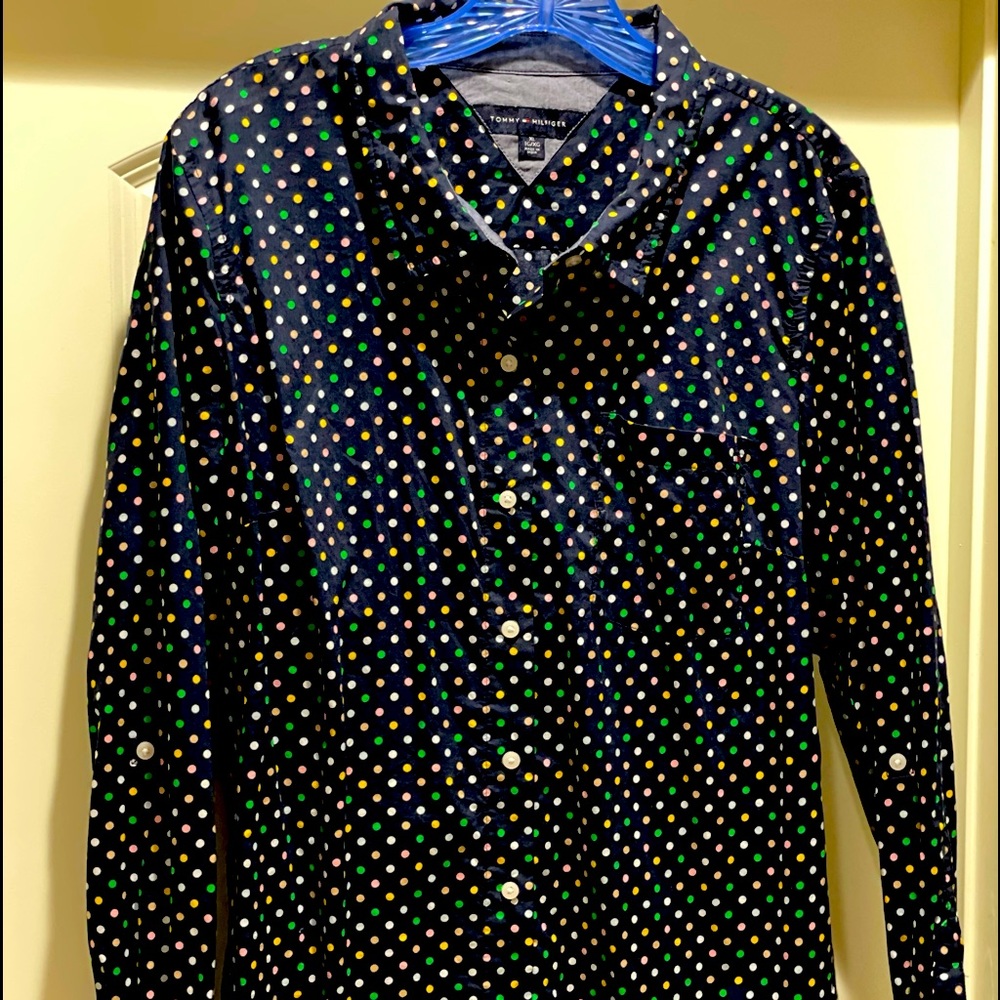 Tommy Hilfiger long sleeve navy collared blouse with polka dots - size XL